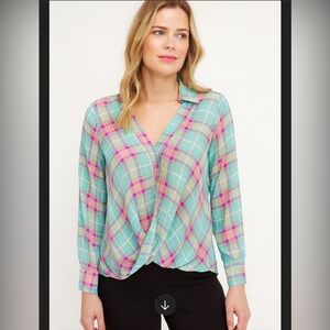 Skies Are Blue Faux Wrap Plaid Long Sleeve Collared Shirt Women S Multicolor